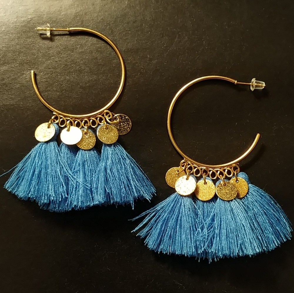 β€π Gold & mid Blue Coin Tassel Boho Hoop Earrings - Picture 1 of 4